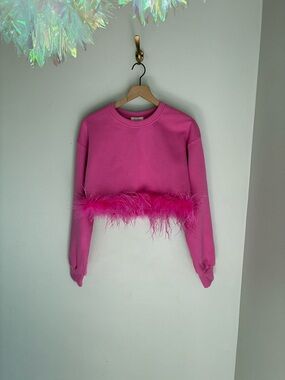 Barbie Bubblegum Pink Feather Cropped Sweatshirt Top Size XS